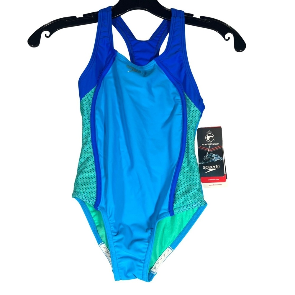 Speedo Girls Cyan Blue Racerback One Piece Swimsuit 7714001462 Size 8 NWT